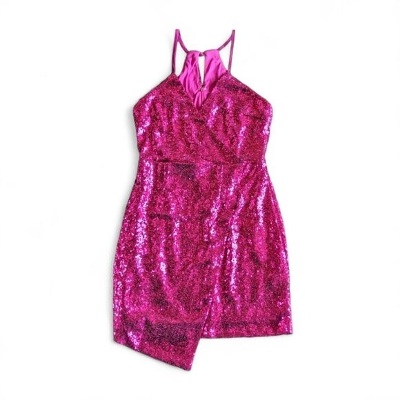 Lulus Sleeveless Hot Pink Hilaria Knit Sequin Mini Wrap Surplice Dress Women's M - Picture 2 of 11